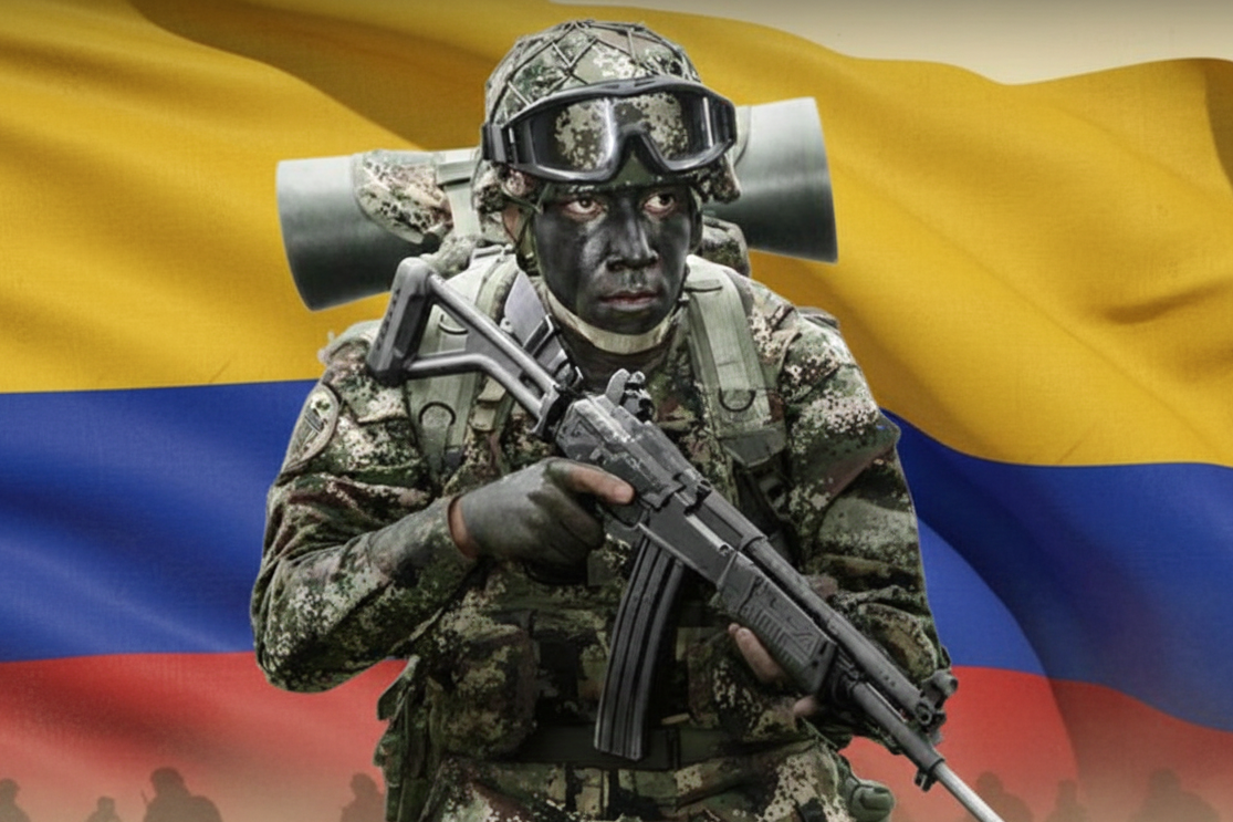 Soldier in camouflage holding a rifle with a flag in the background